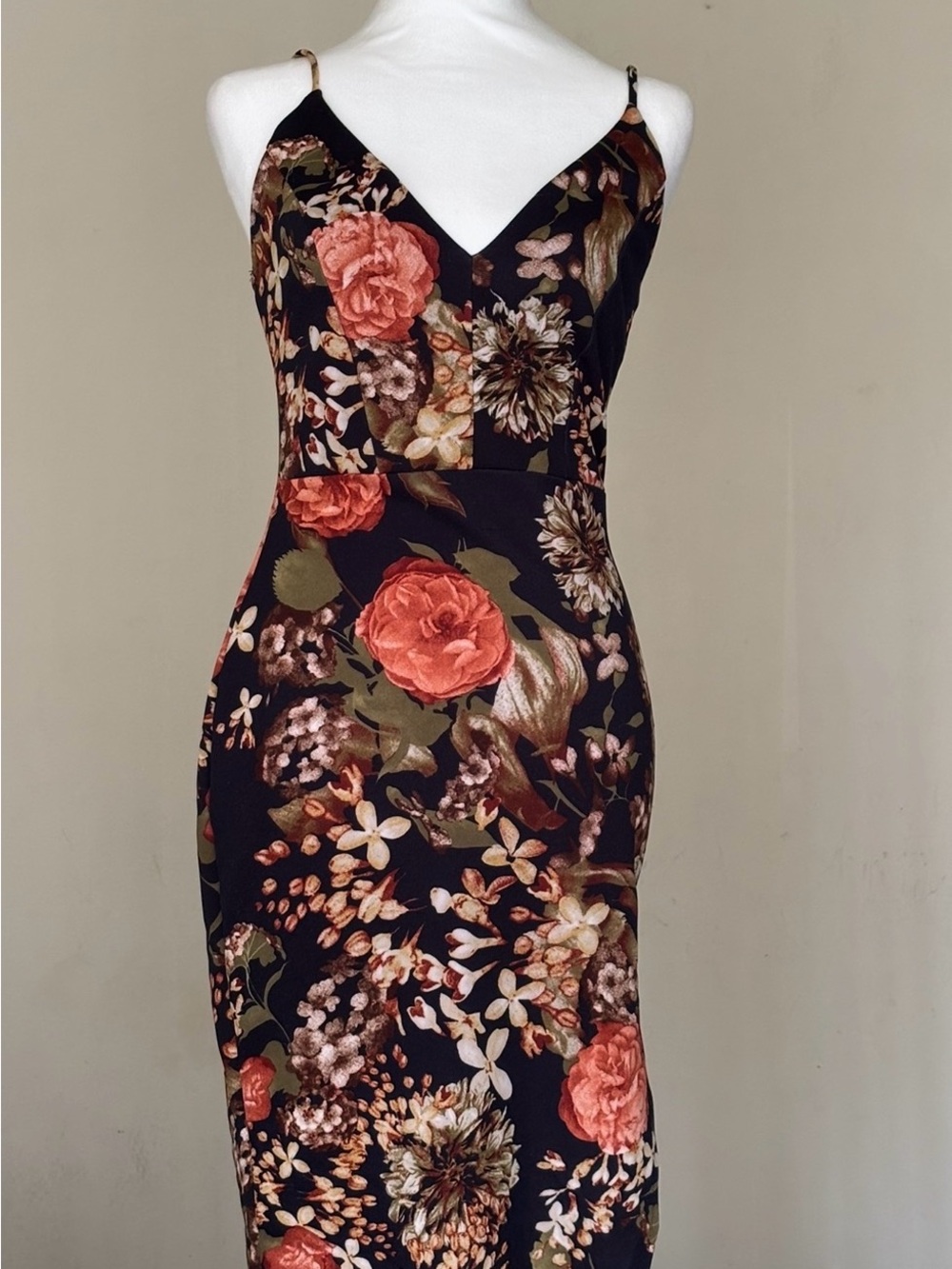 Floral Slip Midi Spaghetti Straps Dress - Black with Coral Roses